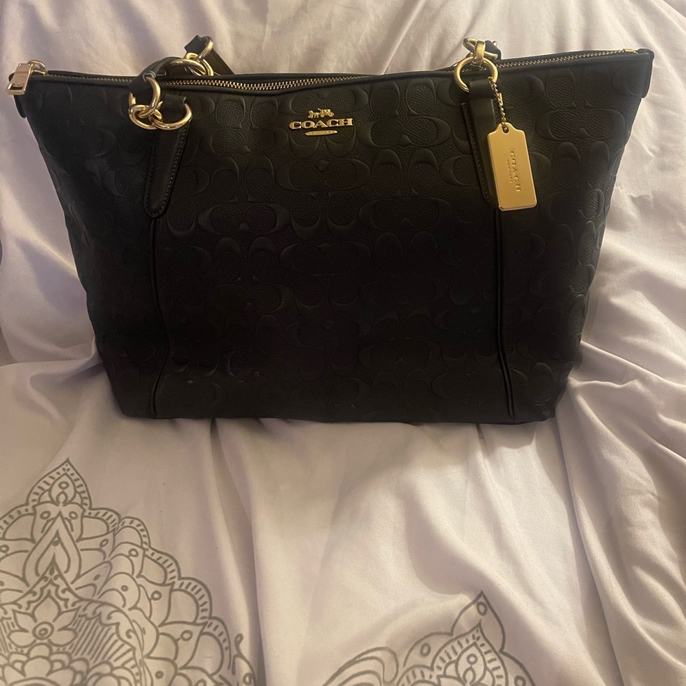 Coach F28558 Ava Signature Embossed Leather Tote Navy blue